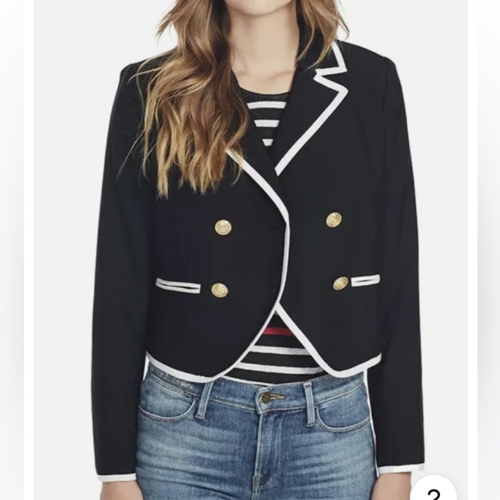 FRAME sz 8 black w/white trim double breasted jacket. 100% wool. Never worn.